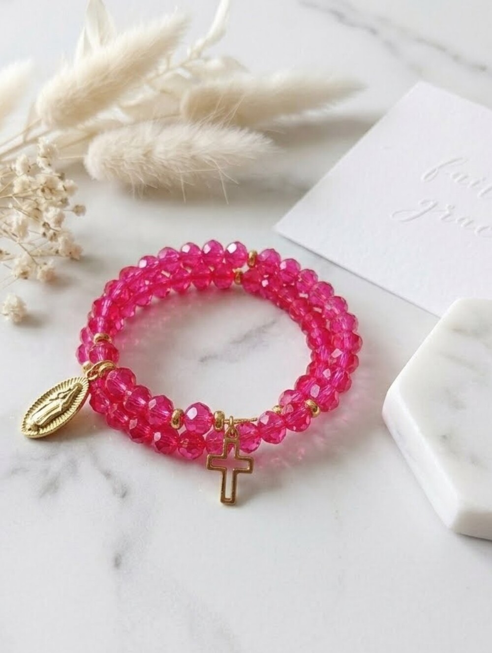 ROSARY - BRACELET - Hot Pink Crystal Wire Wrap – Gold Crucifix & Virgin Mary